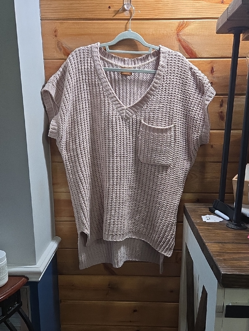 POL Size Small Oversized Taupe Knit V-Neck Pocket Pullover 0376